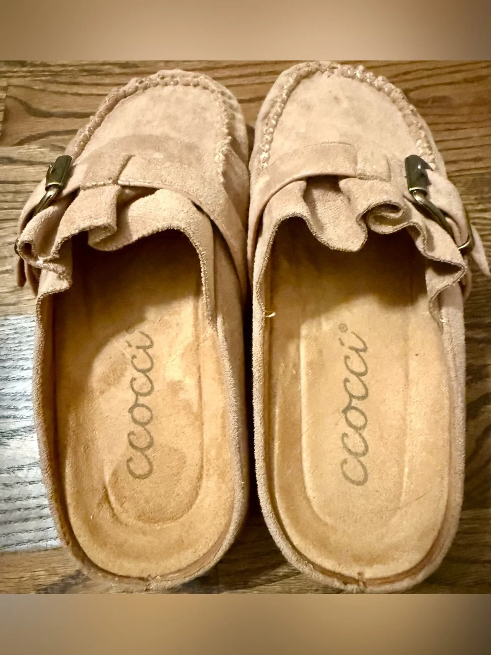 CCOCCI Effy Ruffle Suede Moccasin Mules Taupe Slip On Clogs Buckle Sz 36
